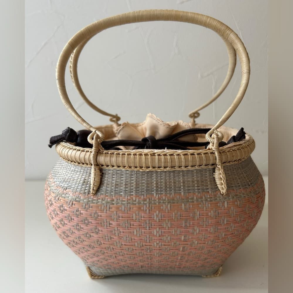 巾着籠バック　ピンクグレー